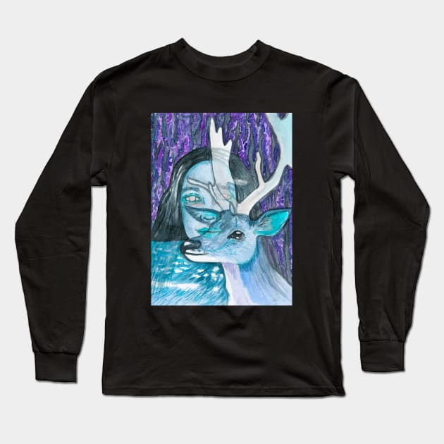 Psychedelic deer and girl Long Sleeve T-Shirt by deadblackpony